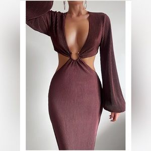 Brown Long Sleeve V Neck Cut Out Midi Dress